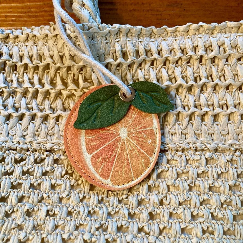 NEW Studio Collection Rattan Straw Tote Bag Purse Orange Charm Natural 18" x 14" - Picture 6 of 11